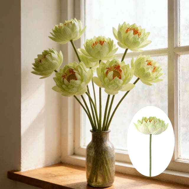 Linnome Artificial Lotus Flower Spring Summer Decor Realistic One Stem Fake Lotus for Living Room Pond Decoration Z5-Green