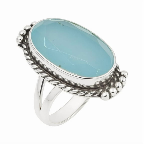 Natural Chalcedony Gemstone Ring for Women – Vintage Oxidized Silver Handmade Jewelry, Healing Crystal Boho Statement Ring Size US 10.5