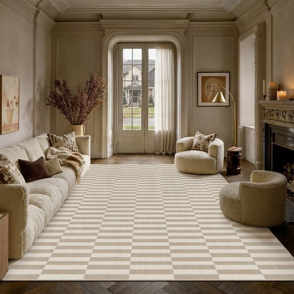 BERTHMEER 6'x9' Modern Area Rugs for Living Room Light Brown Beige Striped Pattern Rugs for Bedroom Kitchen Non Slip Washable Contemporary Geometric Carpets Office Farmhouse Dorm Dining Room Rugs