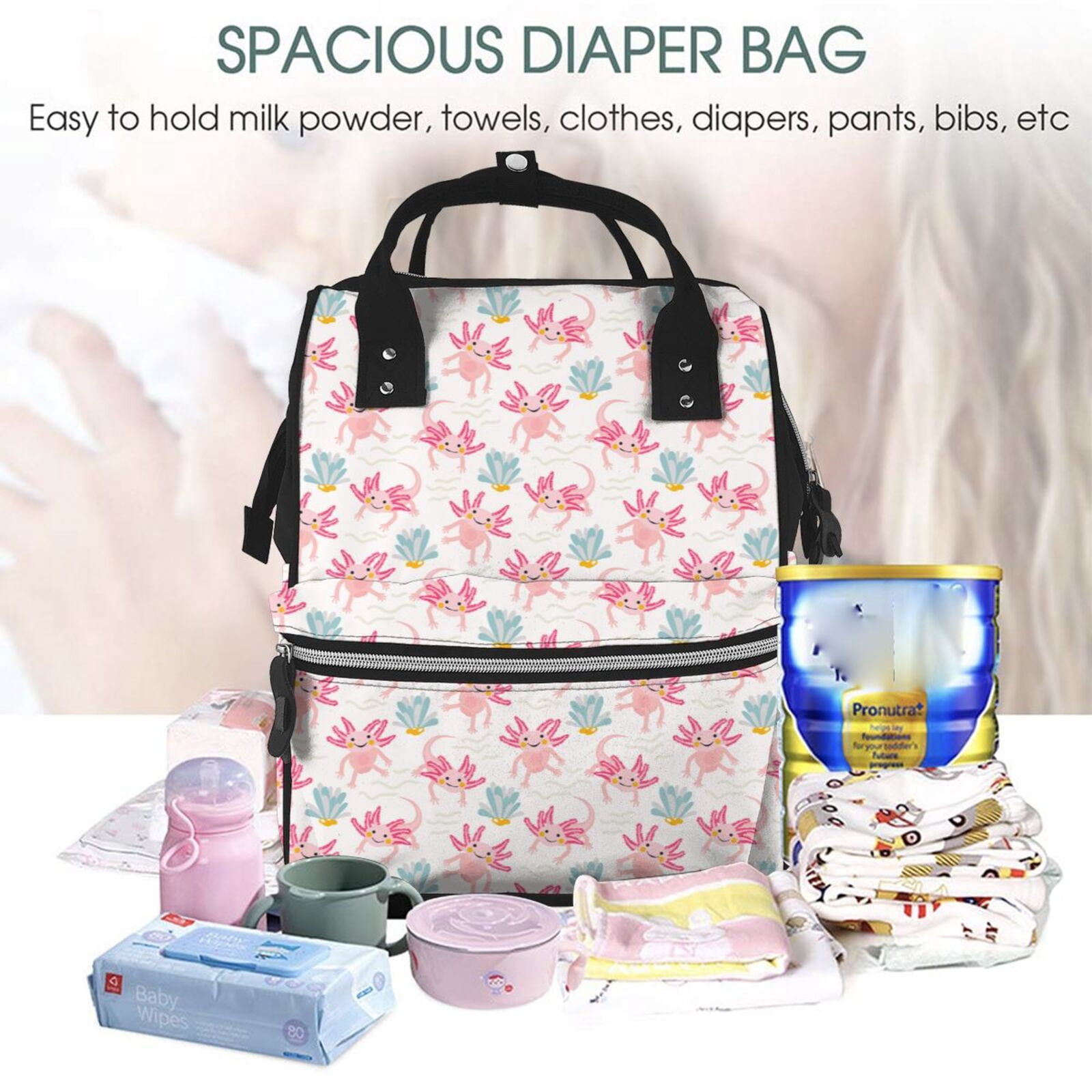 Ratiio Cute Axolotl Mummy Backpack - Waterproof Twill Canvas, Large Capacity Diaper Bag with Multiple Pockets and Adjustable Straps