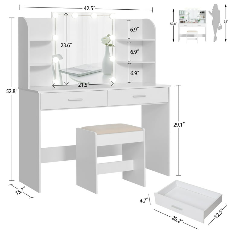 Dropship FCH Large Vanity Set With 10 LED Bulbs, Makeup Table With  Cushioned Stool, 3 Storage Shelves 1 Drawer 1 Cabinet, Dressing Table  Dresser Desk For Women, Girls, Bedroom, White to Sell