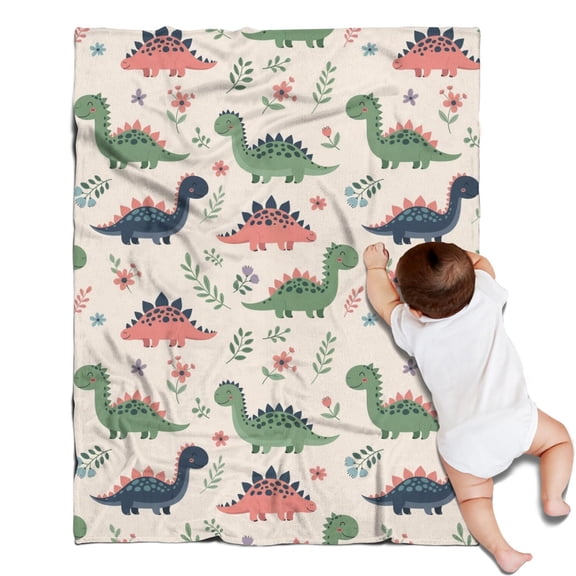 Beige Dinosaurs Flowers Leaves Blanket,Comfortable Soft Flannel Throw Blanket,All Season,Warm Lightweight Blankets for Sofa Bed Couch Living Room Chair,30"x40"