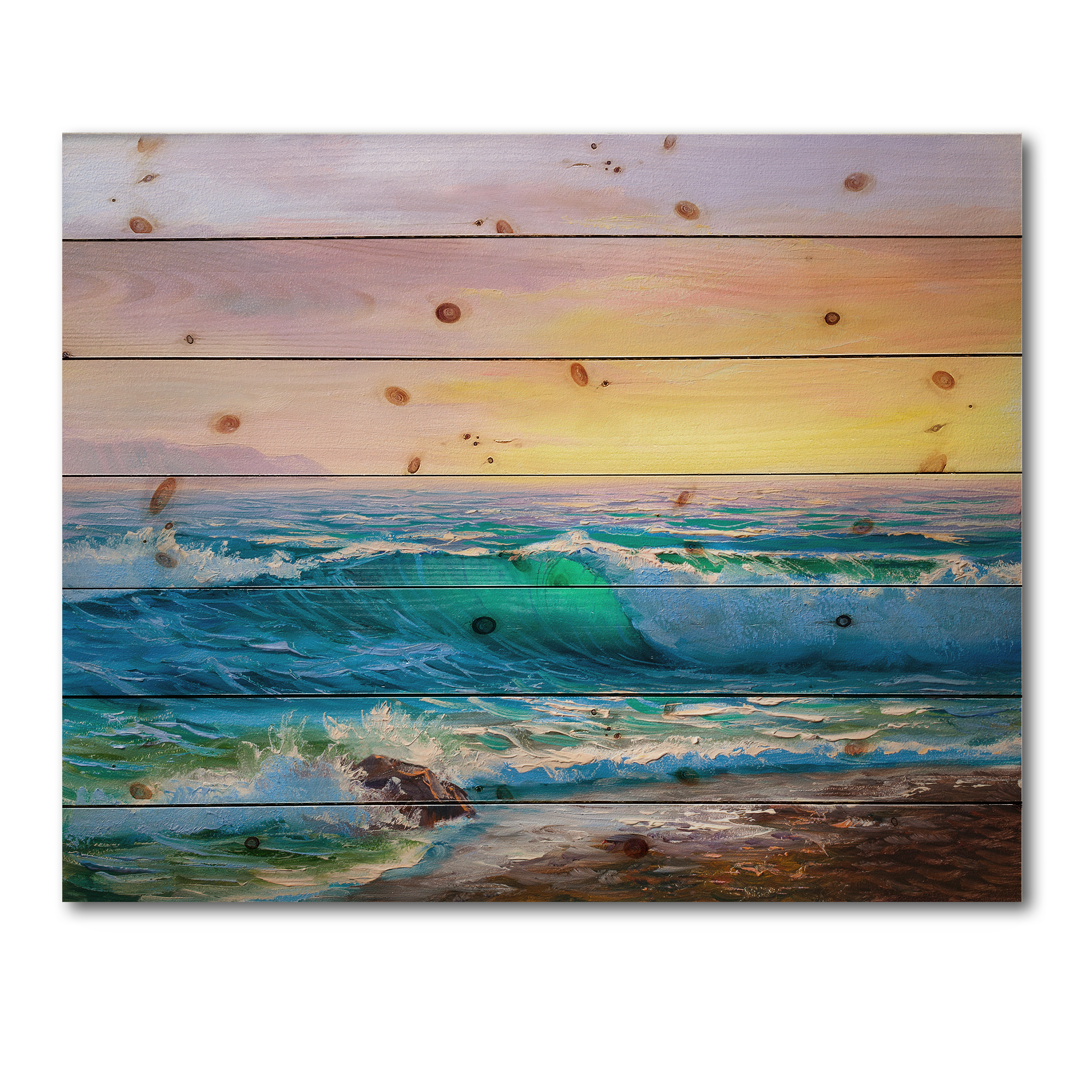 Designart 'Blue Waves Breaking At The Beach Landscape IV' Nautical & Coastal Print on Natural Pine Wood