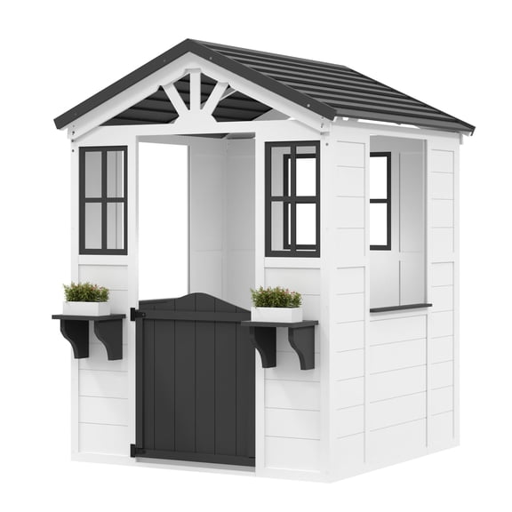 Accreate Cedar Wooden Kids Playhouse, Play Kitchen Included, Durable Vinyl Roof, Outdoor Wooden Adventure Cottage For Backyard, Fun Playhouse For Toddlers And Children