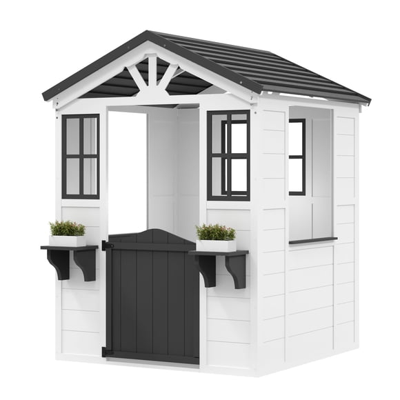 GloryStar Cedar Wooden Kids Playhouse, Play Kitchen Included, Durable Vinyl Roof, Outdoor Wooden Adventure Cottage for Backyard, Fun Playhouse for Toddlers and Children