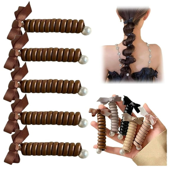 ShouWei Bowknot Braided Telephone Wire Hair Bands - 5pcs 2023 New Phone Cord Straight Spiral Hair Ties No Crease Phone Cord Hair Ties Cute Ponytail Braids Fixed Hair Rope Accessory for Women Girls