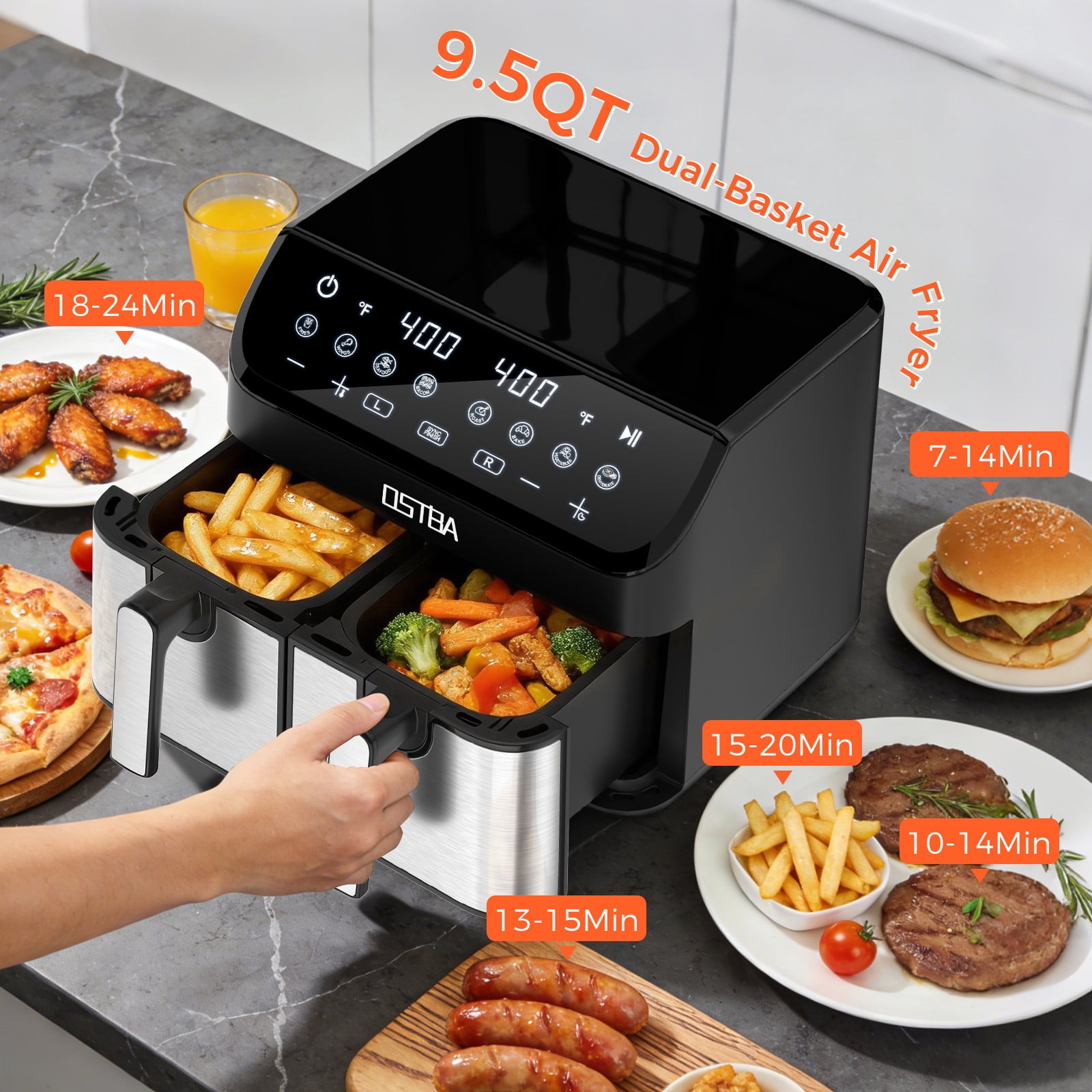 OSTBA 9.5QT Dual Basket Air Fryer, 1700W Double Drawer Air Fryer with Sync Finish, 8-in-1 Presets, Digital Touchscreen, Air Fry, Roast, Bake, Dehydrate, Oil-Free Family Size Cooker, Black