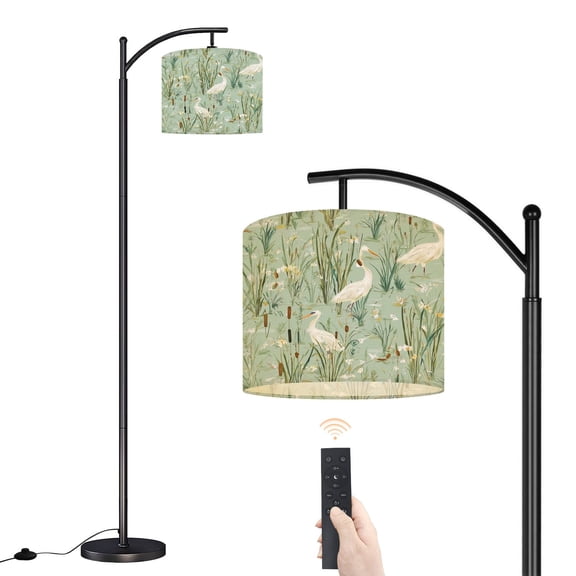 Arc Floor Lamp with Adjustable Lampshade White Herons Marshland Cattails Wildflowers Green Standing Lamp 3 Color Temperatures Dimmable Tall Pole Lamp with Foot Switch for Bedroom