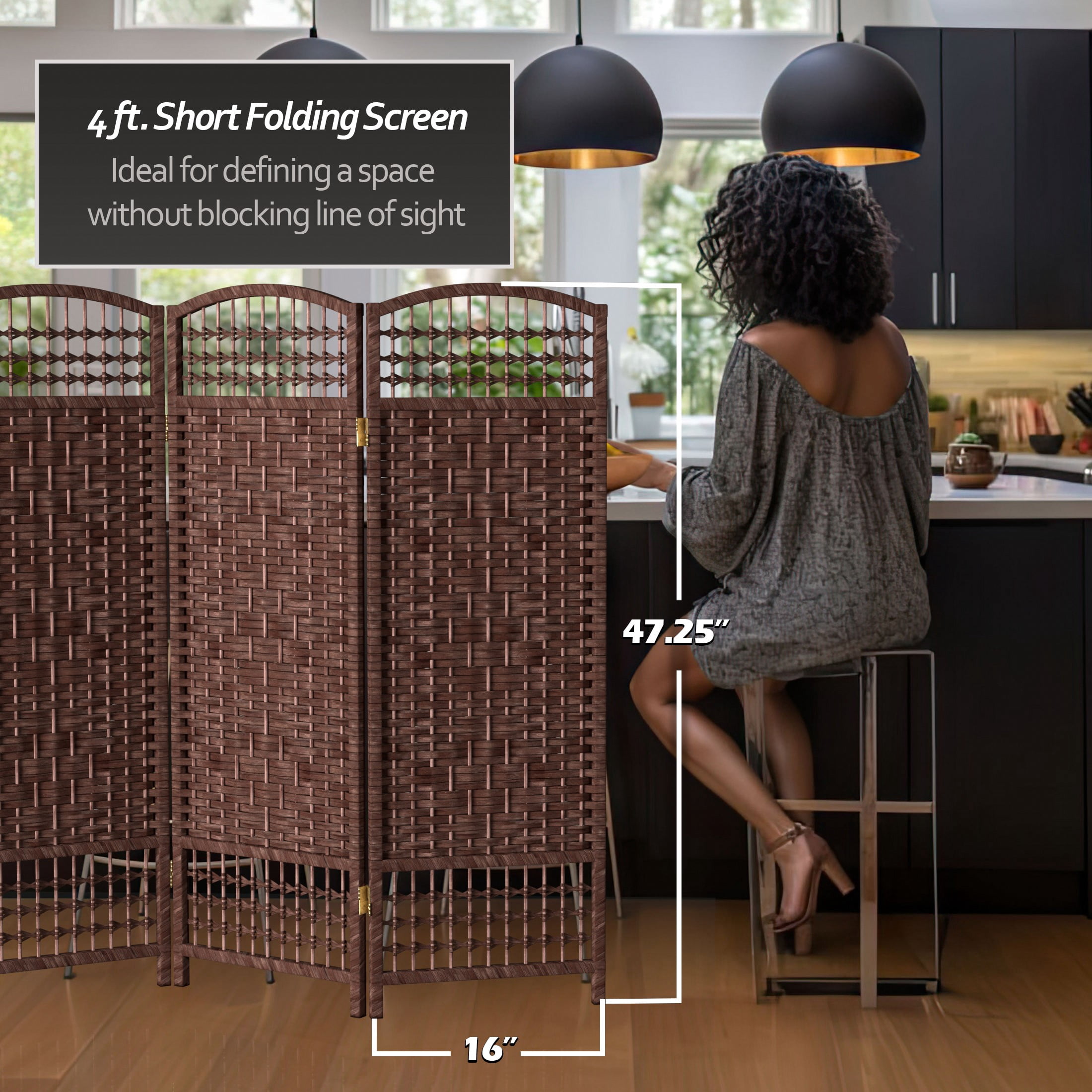 Red Lantern 4 ft. Folding Screen Room Divider - Short Fiber Weave, Dark Red, 3 Panels
