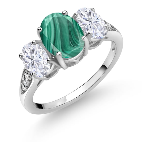 Gem Stone King 10K White Gold Green Malachite White Moissanite and White Lab Grown Diamond 3 Stone Engagement Ring for Women (3.04 Cttw, Gemstone Birthstone, Available in Size 5, 6, 7, 8, 9)