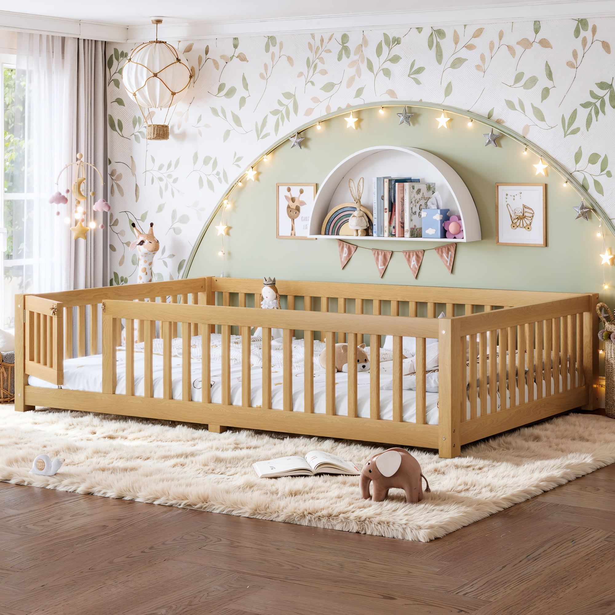 Queen Floor Bed 82.6 Inch, Solid Wood Bed Frame with Safety Guardrails and Door, Low Profile Montessori Bed for Kids Bedroom, Natural