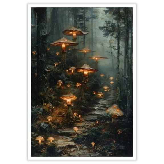 Fantasy Woodland Wall Art Magical Forest Posters Nature Scene Decor Night Plant Print Canvas Dark Academia Mushroom Whimsical Fungi Pictures for Living Room Bedroom Home Painting