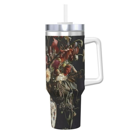 

Fuzoiu Vintage Floral Vase A Print 40OZ Ice Bully Stainless Steel Insulated Cup with Handle and Straw - Perfect for Travel and Sports