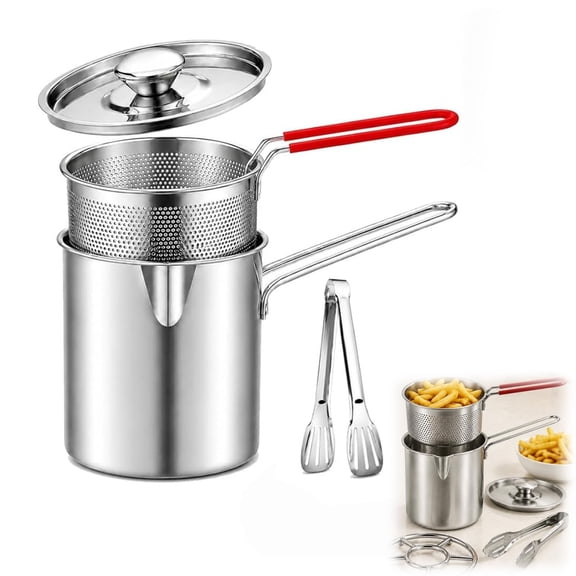 Mini Deep Fryer Pot, Stainless Steel Frying Pot with Removable Strainer Basket, 1.2L Stovetop Oil Fryer Set with Tongs for Home Kitchen Cooking
