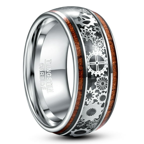 10mm Steampunk Gear Wheel Tungsten Koa Wood Inlay Domed Polished Ring for Men Women