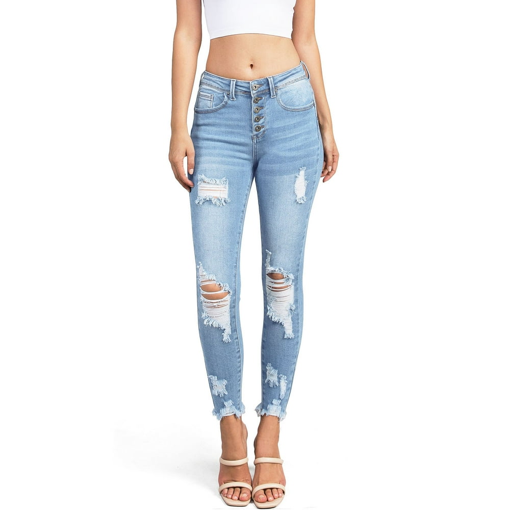 Wax Jean Wax Jeans Women's Juniors Ripped Distressed High Waist Ankle Jeans (0, Light Denim
