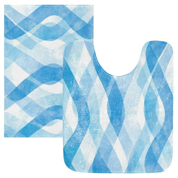 2 Piece Soft Bathroom Rug Set Blue Watercolor Wavy Bath Mat and U-Shaped Toilet Contour Rug (16"x24" 20"x24")