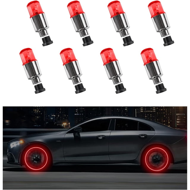 8PCS LED Tire Valve Stem Cap Lights, Neon Spoke Flash Light Bulb Tire Valve Lights, Waterproof Car Tire Valve Lights, Cool Neon Spoke Flashing LED Light, Car Motorcycle Accessories (Red)