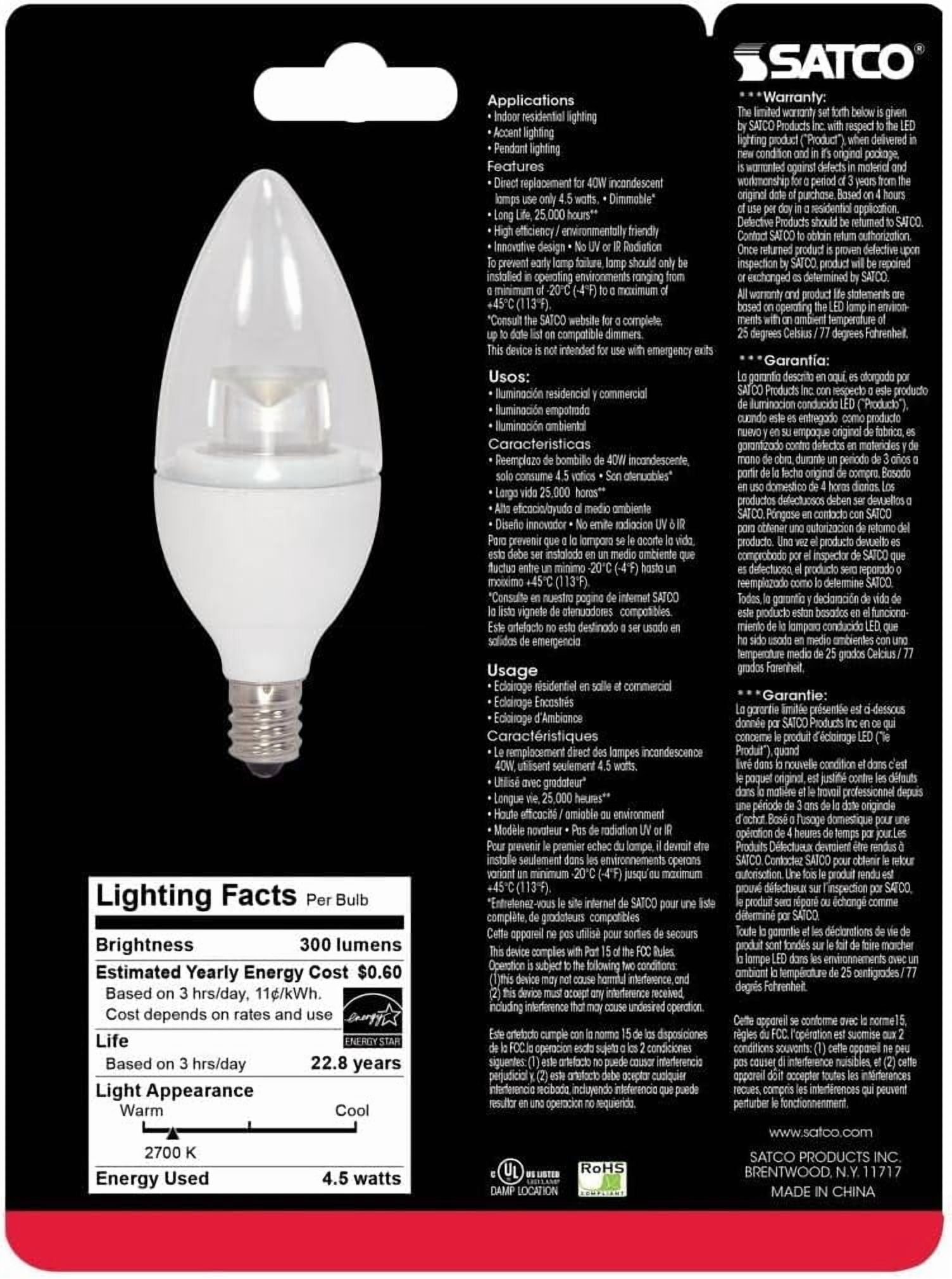 Satco S8951 LED B11 Light Bulbs 4.5W 120V 2700K E12 Candelabra Base Dimmable (12 Pack)