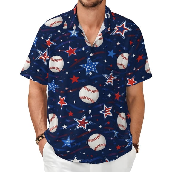 Patriotic Stars Baseball Men's Shirts Short-Sleeved with All-Over Prints Button-Up Shirts
