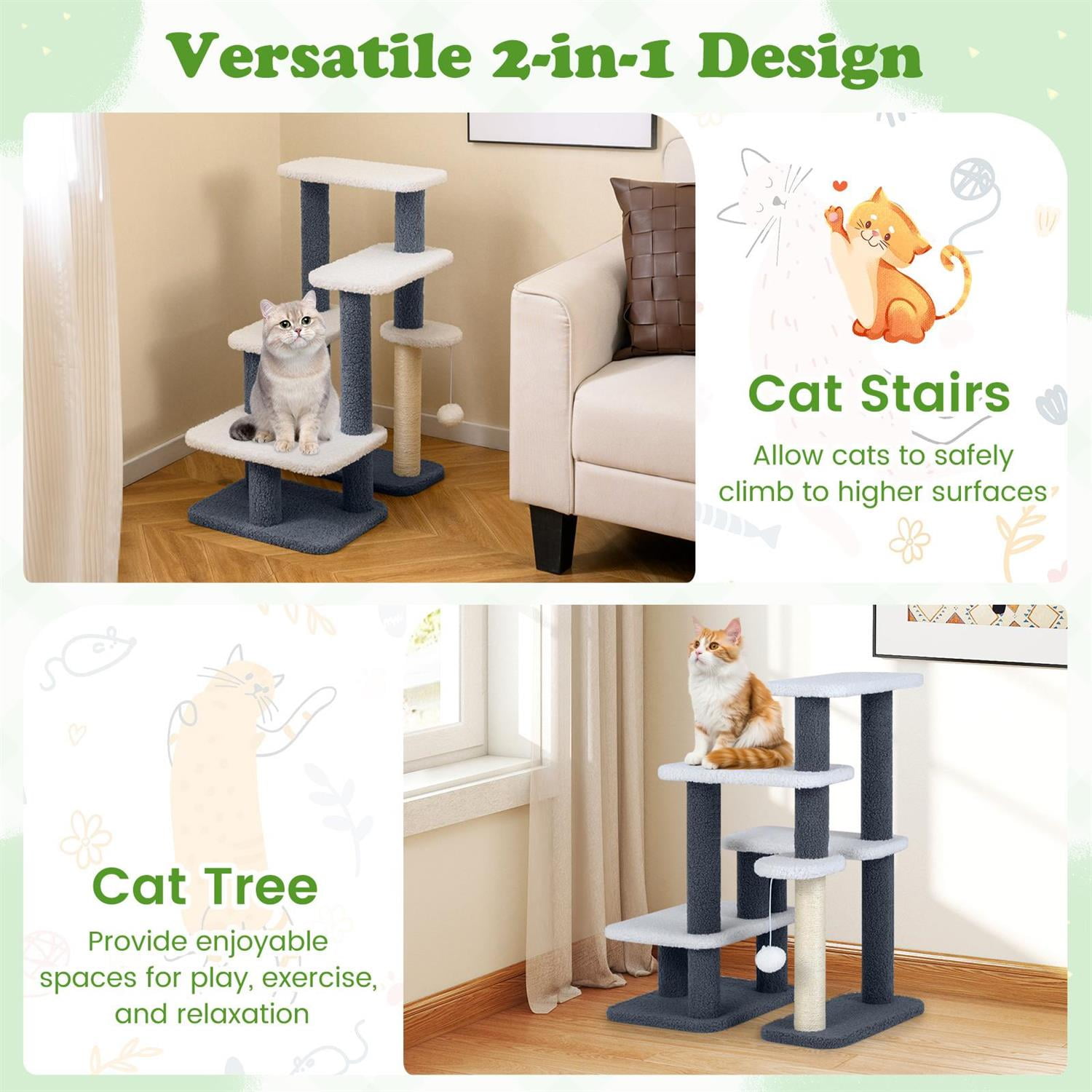 Pefilos 2-in-1 Cat Stairs & Tree Tower, Scratching Posts & Hanging Toy Ball, Anti-Slip Base, Gray