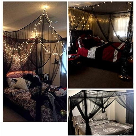 Bed Canopy, Canopy Bed Curtains Bed Drapes for Full Queen King Size Bed Mosquito Net Bed Canopy Curtains for Patio Indoor Outdoor Gothic Room Decor Screen Netting Canopy Curtains Blcak