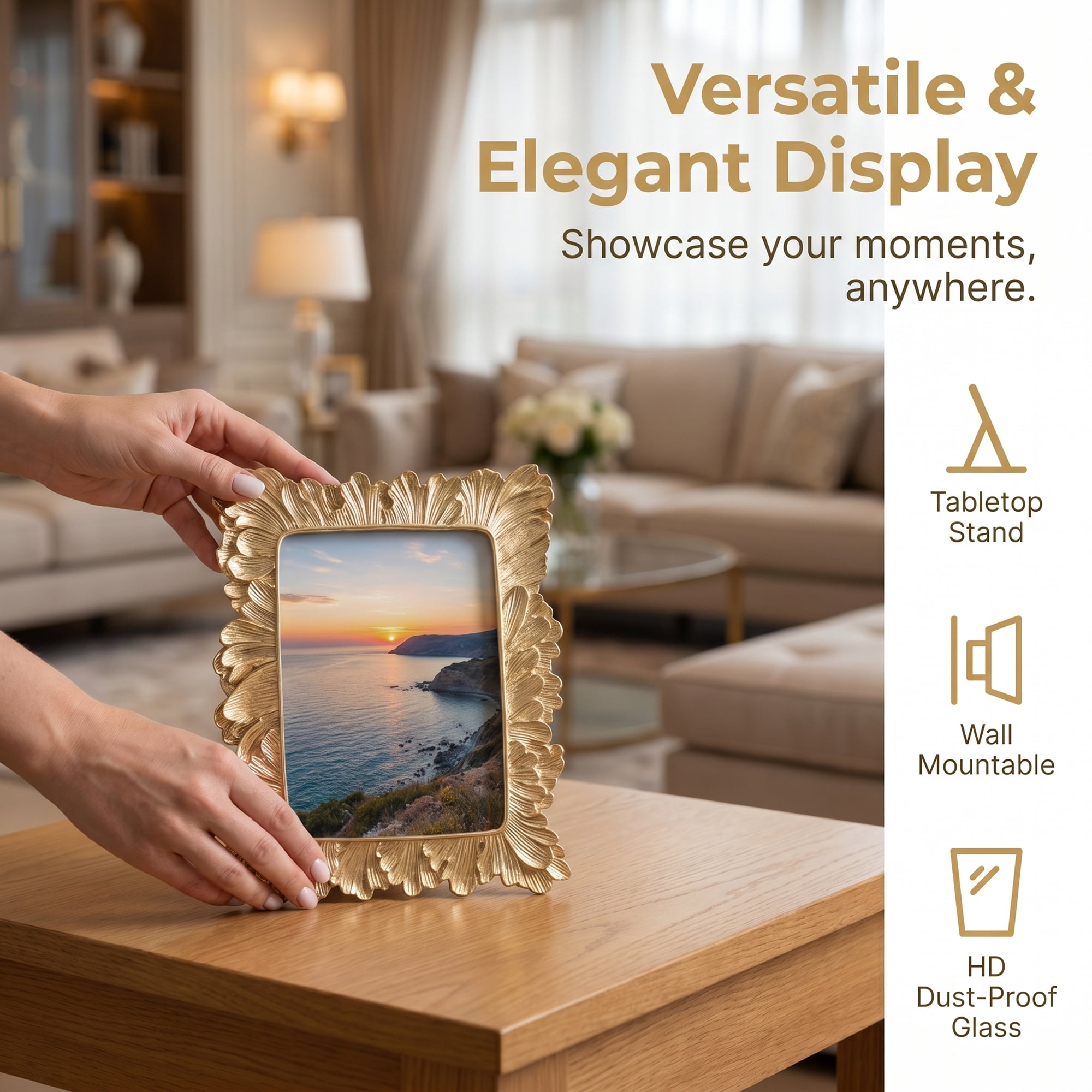Unique Bargains Palm Leaf Resin Picture Frame for Coastal Home Decor Gold 4" x 6"