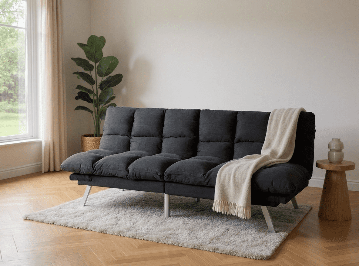 Gewnee 67.3 Inch Futon Sofa Bed, Corduroy Fabric Sleeper Sofa, Modern Loveseat for Apartments and Offices, Adjustable Backrest and Armrests.Black