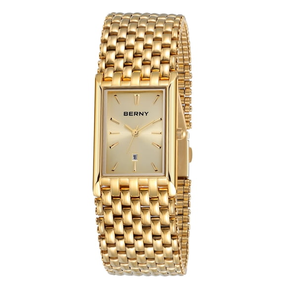 BERNY Men's Gold Rectangular Watch, Stainless Steel Band Quartz Wristwatch, Date Display, 3ATM Water Resistant, Folding Buckle, Classic Business Dress Watch for Men (Gold)