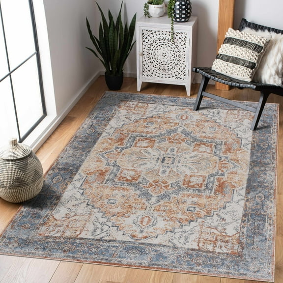Hauteloom Hera Living Room, Bedroom Machine Washable Area Rug - Farmhouse - Blue, Light Blue, Off White - 5'3" x 7'