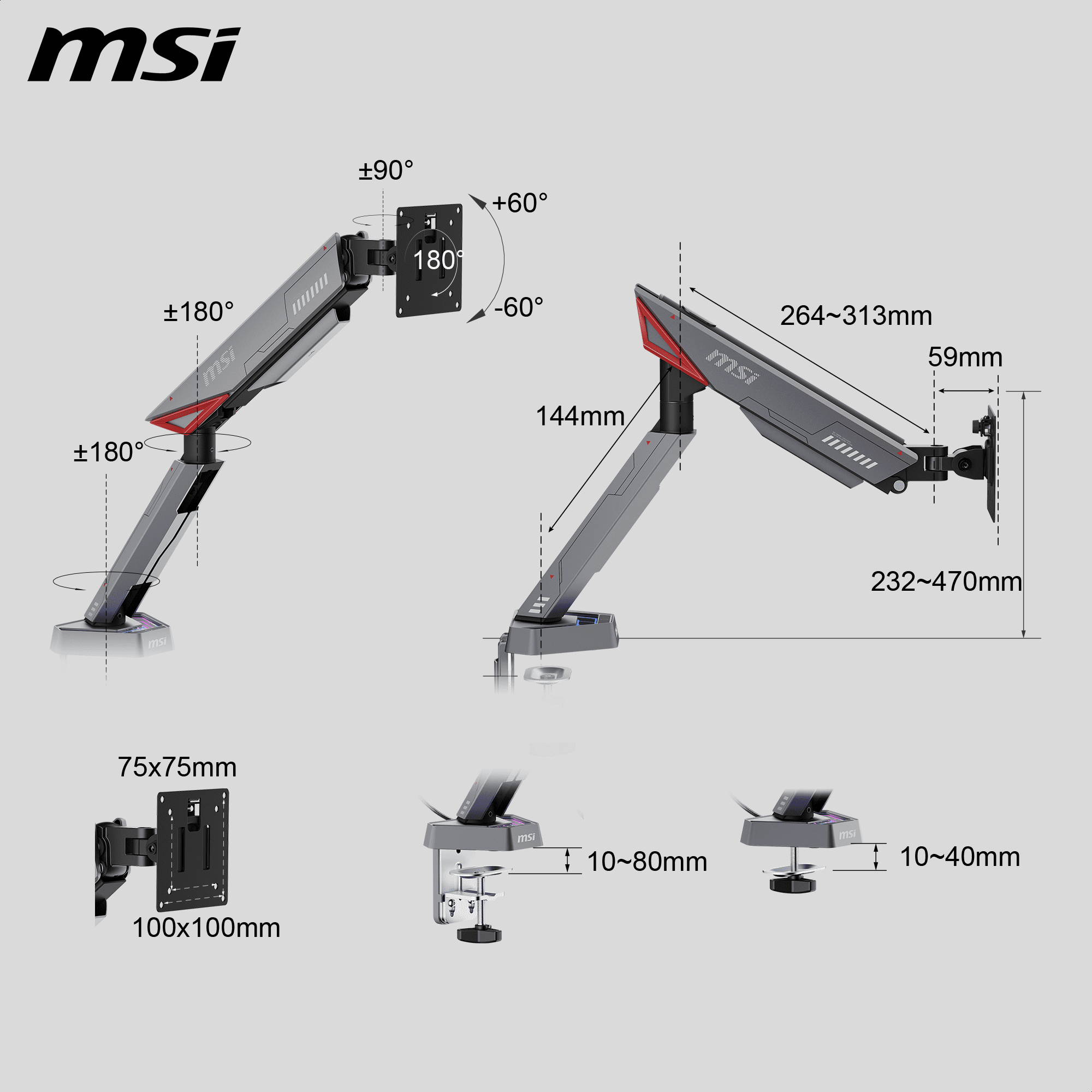 MSI MPG MT161R WMT Single Spring Gaming Monitor Desk Arm, Fully Adjustable Full Motion VESA Mount for up to 17 - 45 inch screen, RGB LED, Tool-free Installation, Clamp & Grommet, Cable Management