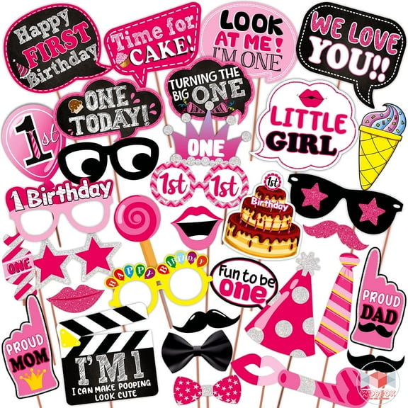 First Birthday Photo Booth Party Props Pink for Baby Girl, 1st Birthday Decorations for Girl, Kids Birthday Party Decoration Items