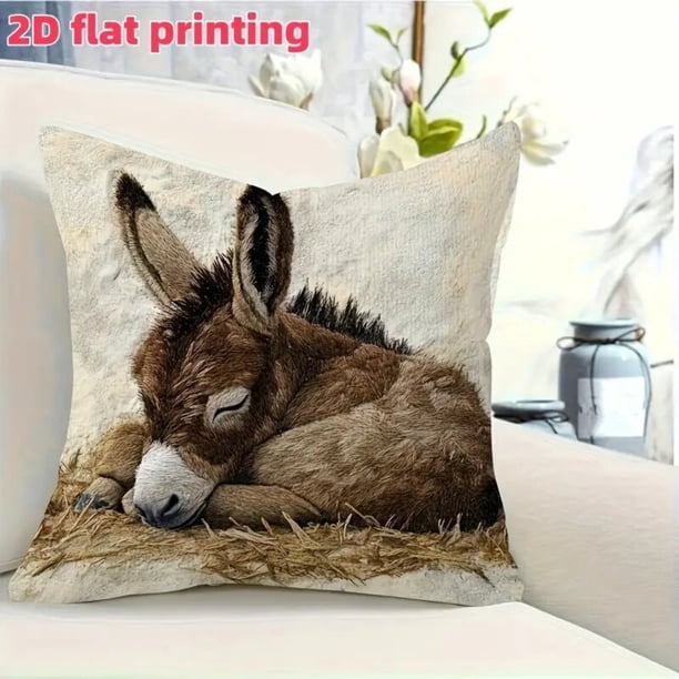 Funda de almohada de lino con estampado plano 2D | Adorable diseño de burro dormilón | Funda de cojín decorativa multicolor de 45 x 45 cm para sofá y cama