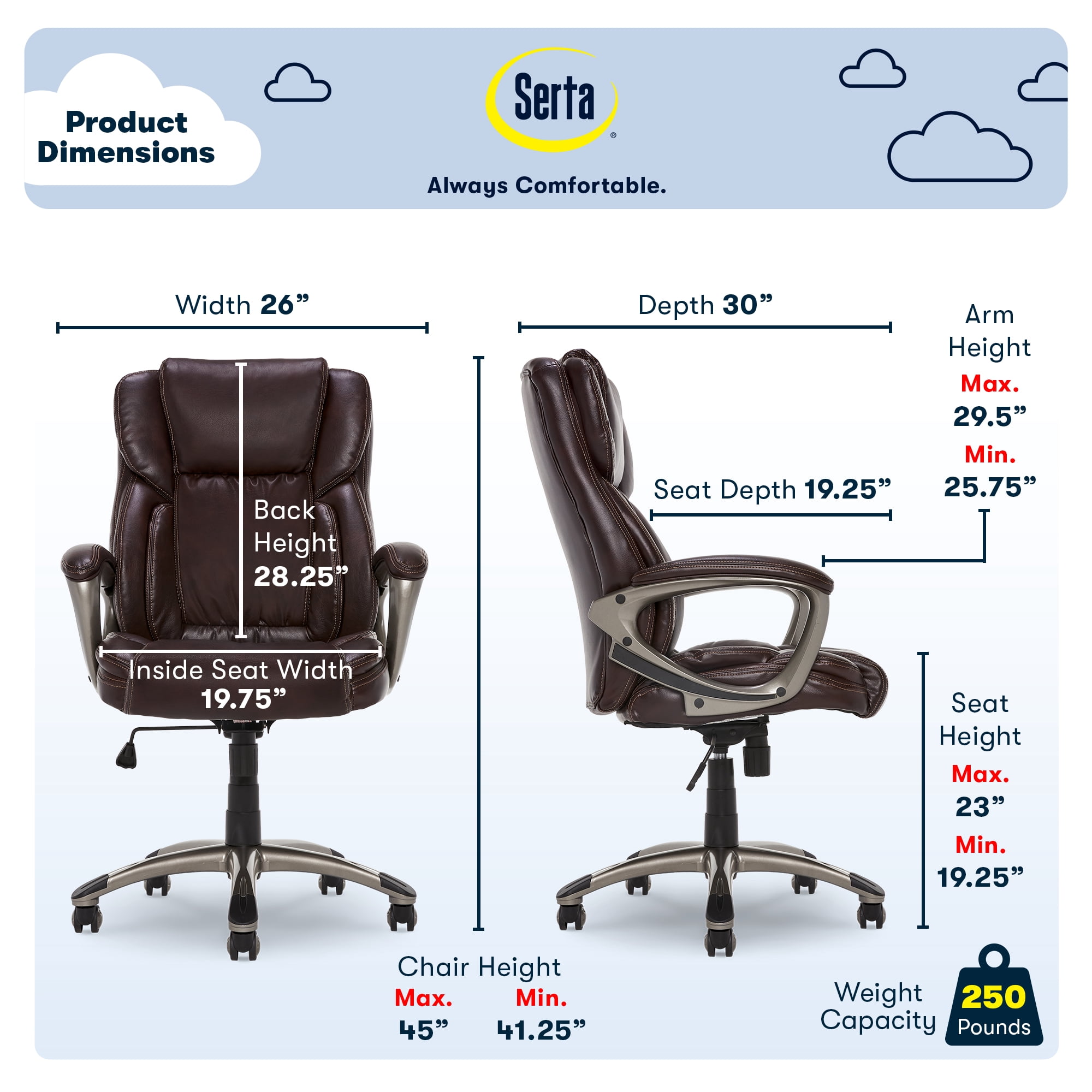 Serta Garret Executive Office Chair, Ergonomic Mid-Back with Lumbar Support, Semi-Plush Cushion and Body Pillows, Padded Armrests, Swivel Base, Bonded Leather, Brown