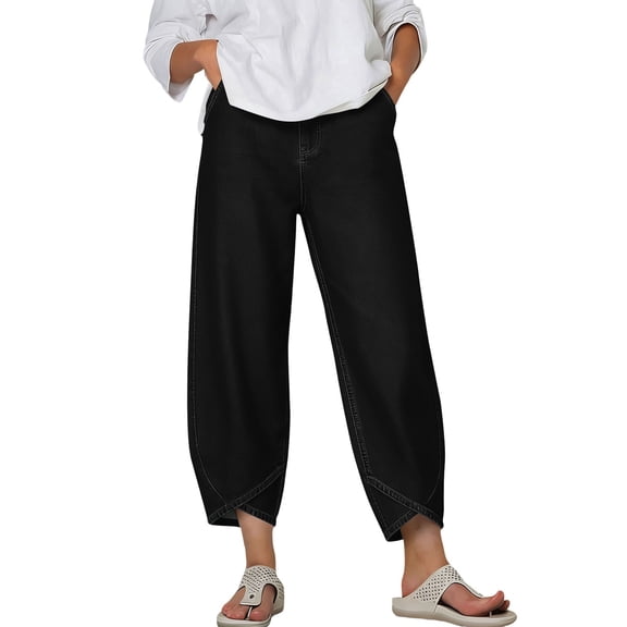 ZQUUVOU Women's Barrel Jeans Cropped Pants Scallop Hem Loose Fit Faux Denim Ankle Length Casual Summer with Pockets Black