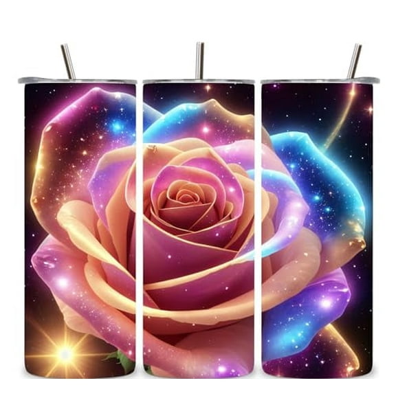 Alpha Printing 20oz Tumbler with Straw – Sparkling Rose Full-Wrap Pink Floral Design, Insulated Mug