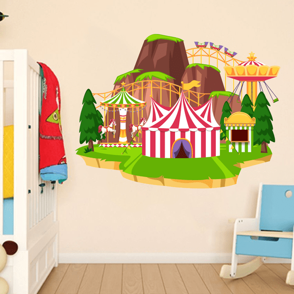 Adhesive Home Art Amusement Theme Park Sticker Wall Decal - 19" x 28" Removable Kids Bedroom Living Room Carousel Roller Coaster Swing Carousel & Big Carnival Tent Vinyl Carnival Rides Decoration