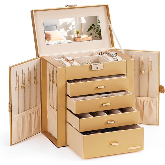 Synthetic Leather Huge Jewelry Box Mirrored Watch Organizer Necklace Ring Earring Storage Lockable Gift Case (Gold)