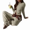 thumbnail image 2 of Women'S Striped 2 Piece Pants Outfits Long Sleeve Button Down Knit Top Set Leisure Vacation Green M, 2 of 9