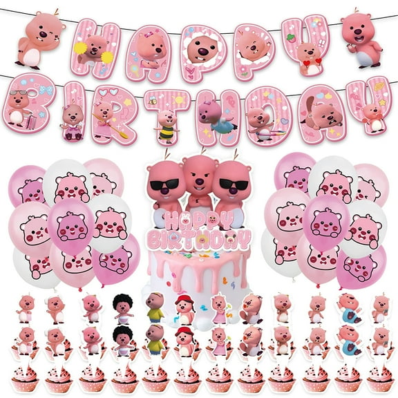 Loopy Surprise Birthday Party Banner Flag Decorations Suppiles Set Kids Girls Theme Party Cake Toppers Set