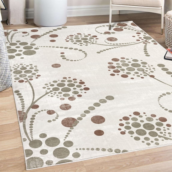 Abstract Decorative Rug, Spiral Form Circular Flowers Modern Style Illustration with Polka Dots, Quality Carpet for Bedroom Dorm and Living Room, 6 Sizes, Eggplant Ivory, by Ambesonne
