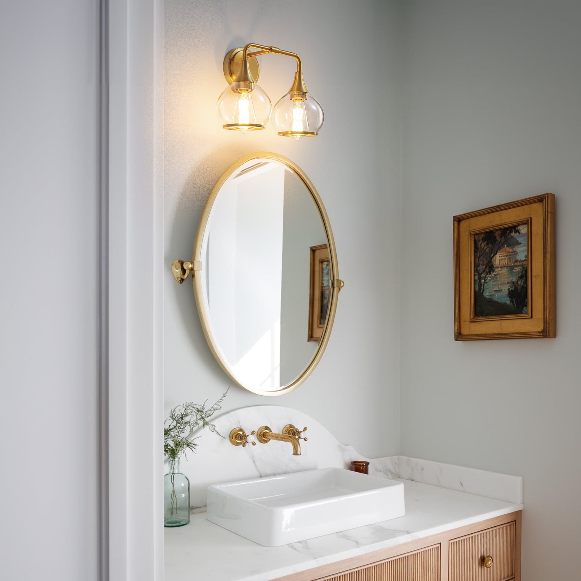 KAISITE 2-Light Bathroom Light Fixtures Modern Dimmable Globe Vanity Lights 14 Inch Gold Wall Sconce