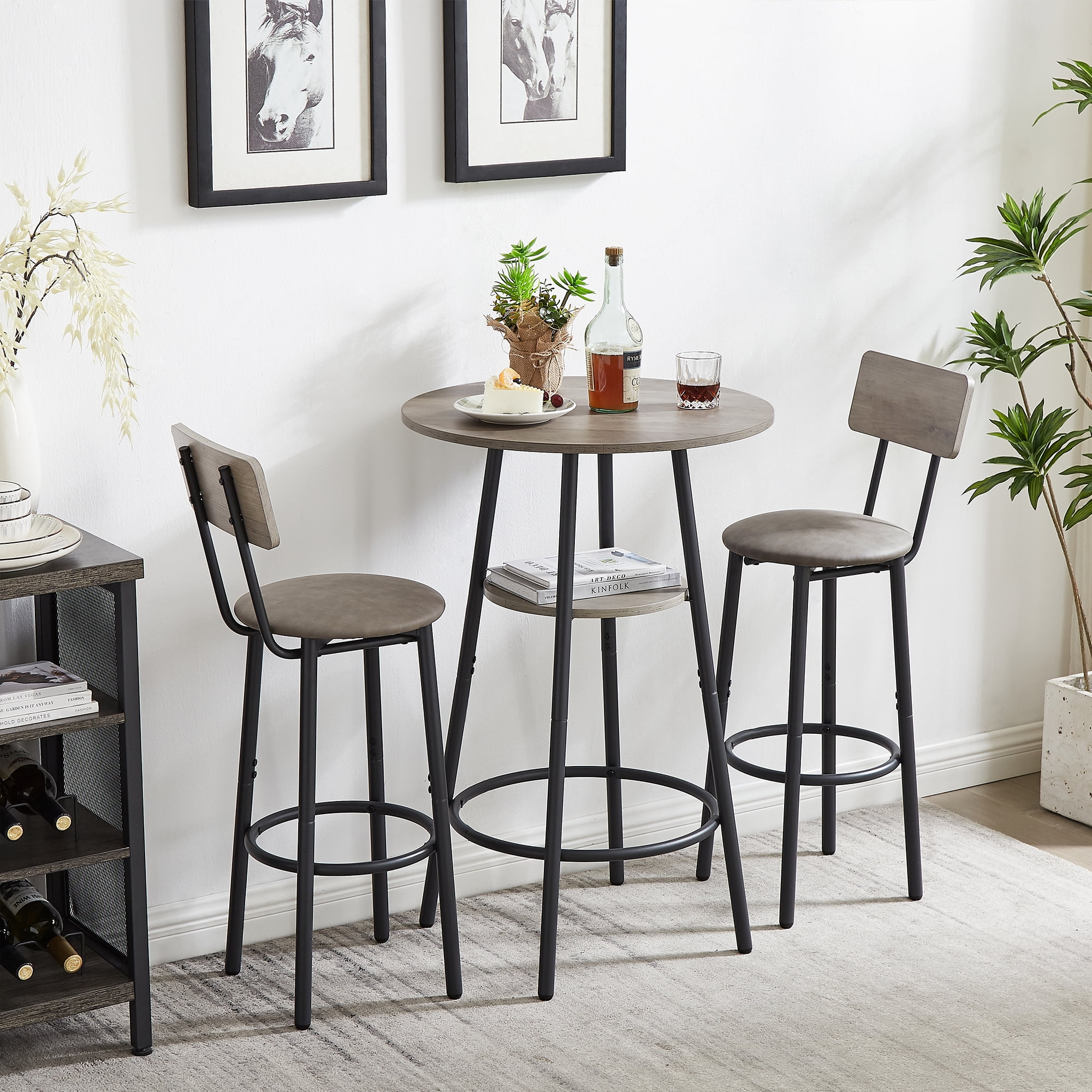 CJC 3Piece Bar Table Set for 2, 2Tier Round Bistro Pub Dining Table & PU Upholstered Stools