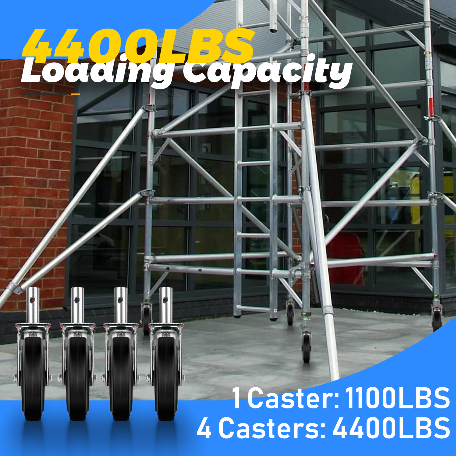 8 Inch Scaffolding Wheels, 4 Pack Heavy Duty Rubber Casters with Dual Locking Brakes, 4400 LBS Capacity, 360° Swivel Caster Wheels with Steel Plate for Scaffolding, Tool Carts, Workbenches