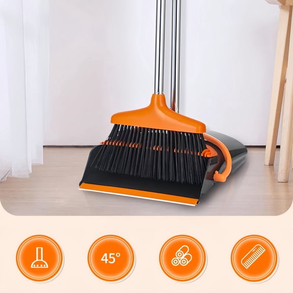Household Broom & Dustpan Set - Solid Plastic, Long Handle, Black & Gray for Office & Hard Floor Cleaning