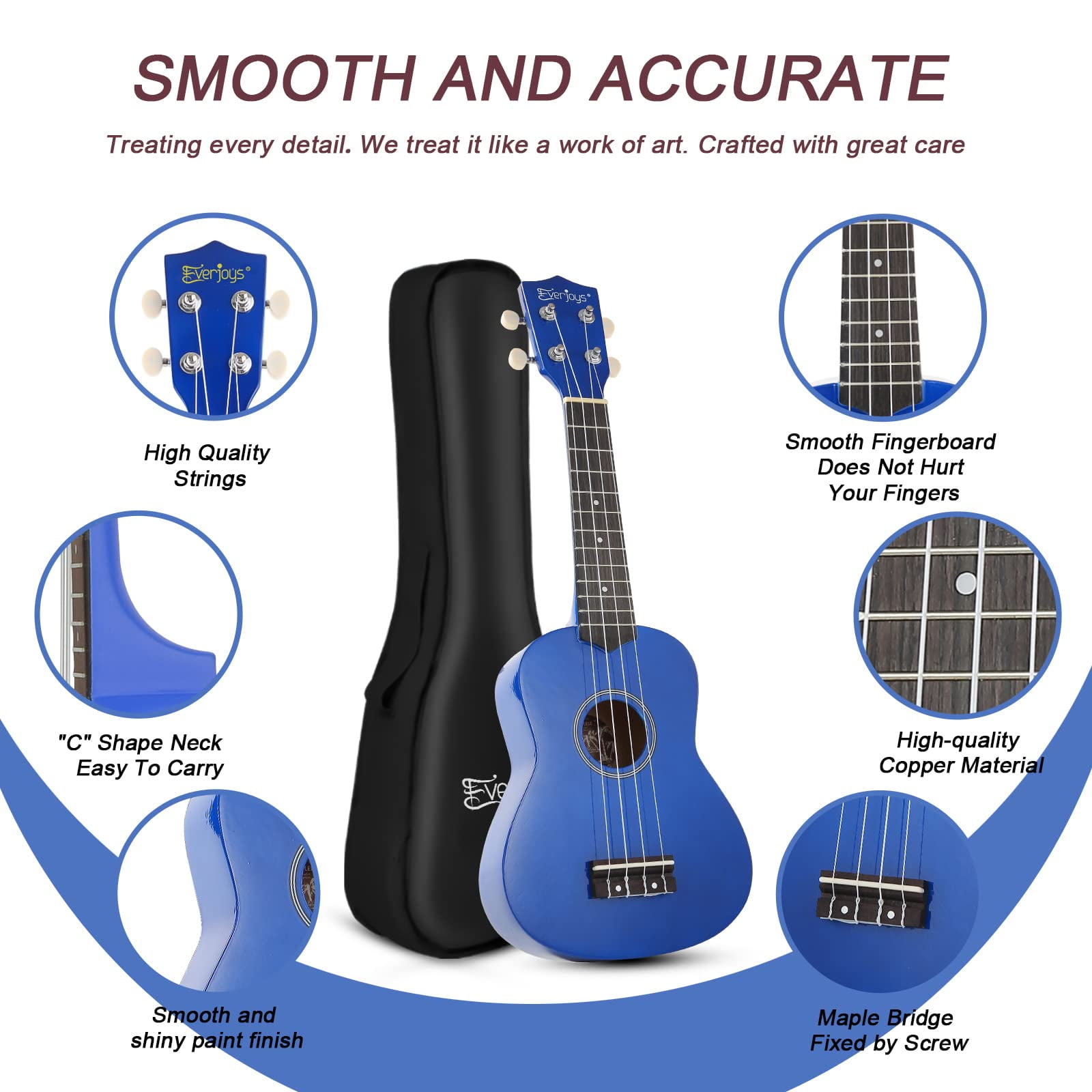 Everjoys 21" Soprano Ukulele Beginner Kit w/ Free Online Lesson, Gig Bag, Strap, Digital Tuner, Spare String, Picks, Polishing Cloth, Rainbow Series