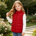 thumbnail image 6 of Spazoro Girls Lightweight Puffer Vest with Patch Pockets, Solid Color Stand Collar Full Zip Sleeveless Warm Quilted Outerwear Gilet Red Size 11-12, 6 of 9