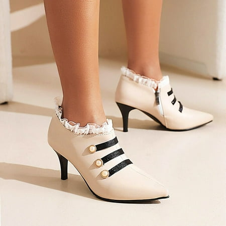 

Mishuowoti Pumps for women 2023 Ladies Fashion Solid Color Leather Lace Trim Side Zipper Thin High Heel Casual Single Shoes