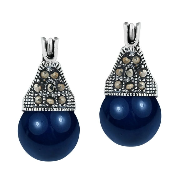 10mm Navy Blue Pearl & Pyrite Studded Crown Sterling Silver Dangle Earrings