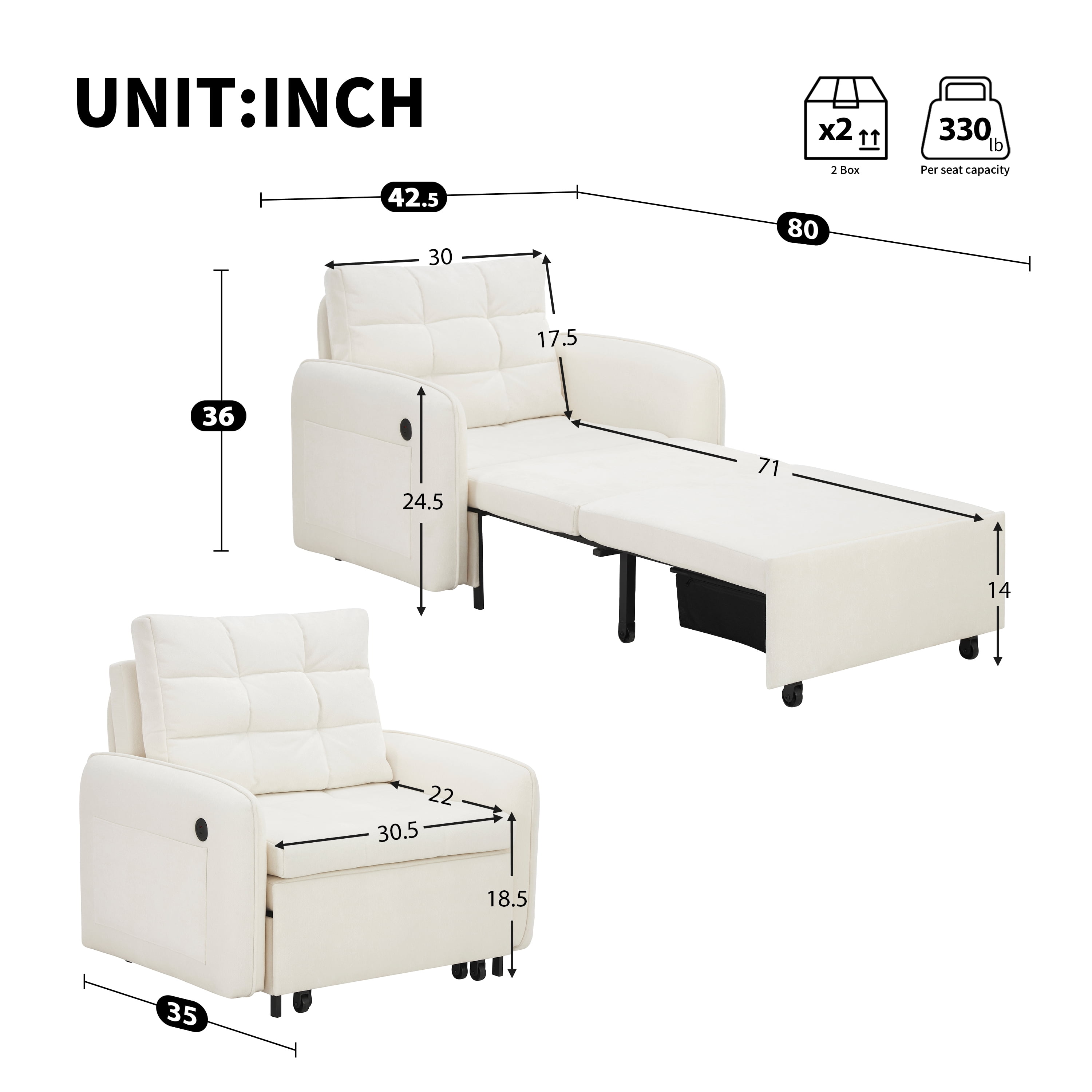 Sofa Bed, Sleeper Chair, 3-in-1 Convertible with Pull-Out Lounge, Storage Pockets and Hidden Box, Tufted Chenille Upholstery on Plywood Frame for Living Room & Apartment, 80 Inch, Beige